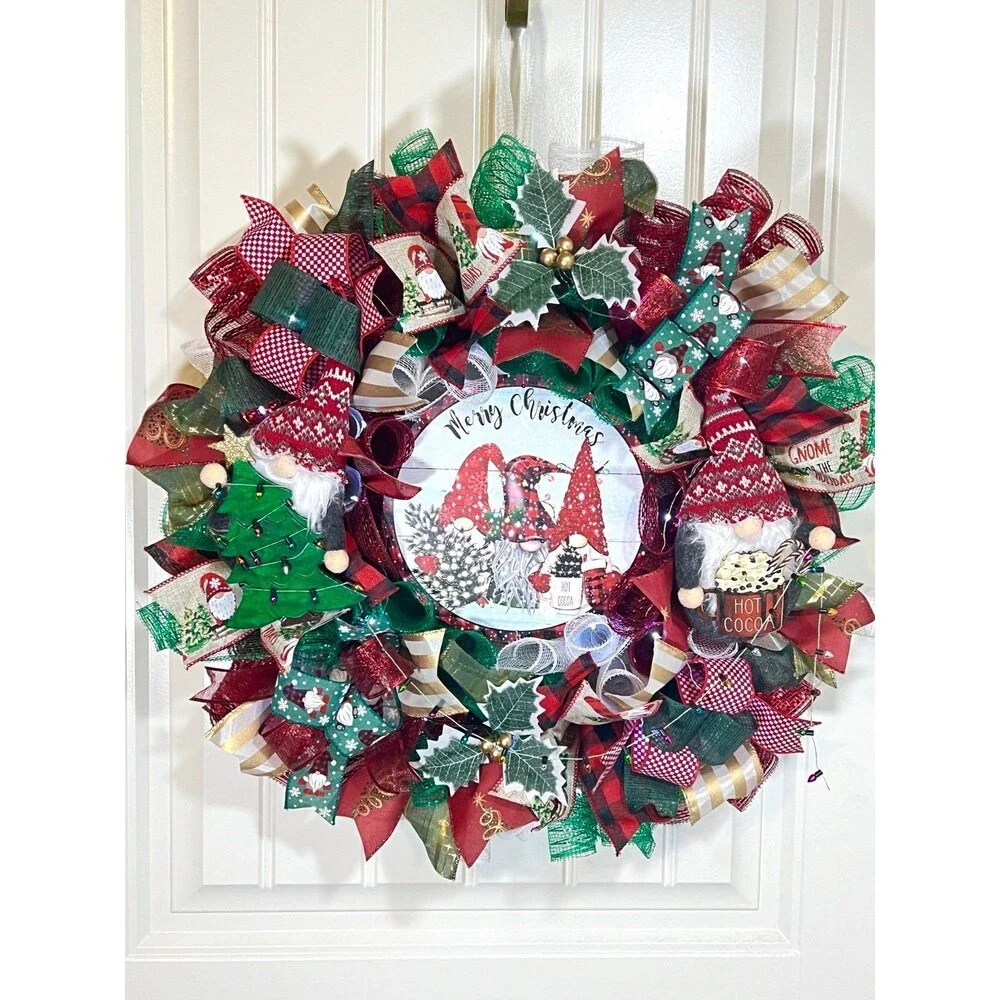 Handmade Christmas Tree Gnome Holiday Ribbon Door Wreath 22 ins W71